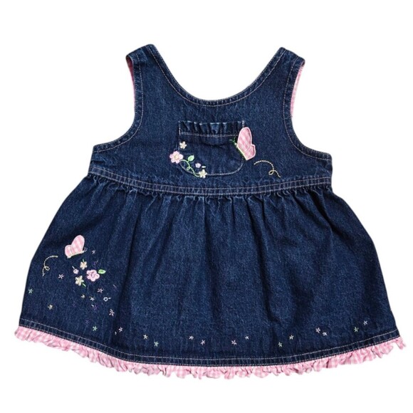 Vtg Denim Jean Dress Baby Girl 12 M Months Embroidered Flowers Butterfly Ruffle - Picture 1 of 8